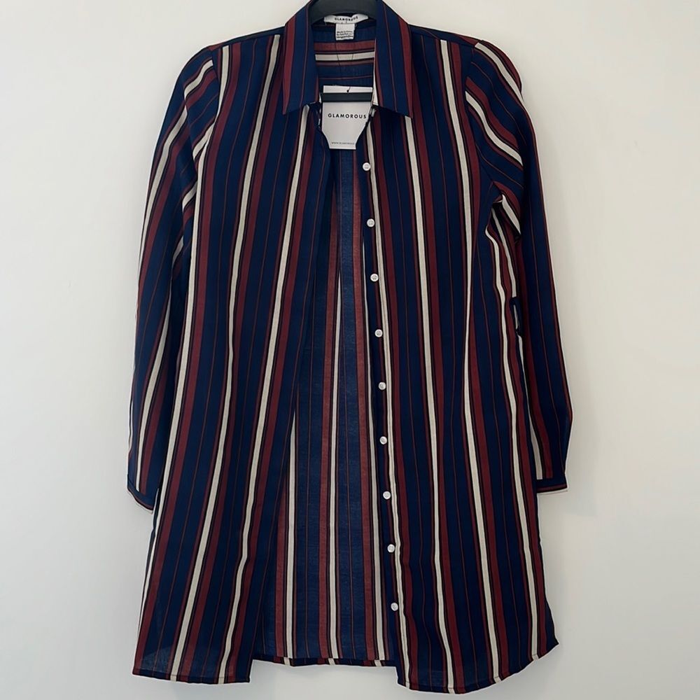 NWT Asos Glamorous Striped Button front shirt Dress small navy burgundy